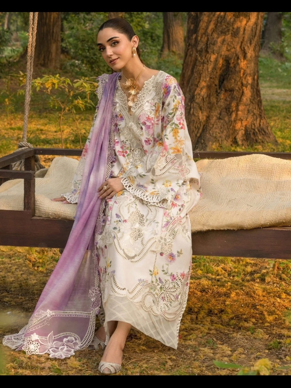 Elegant Floral Embroidered White Maxi Dress with Lavender Dupatta